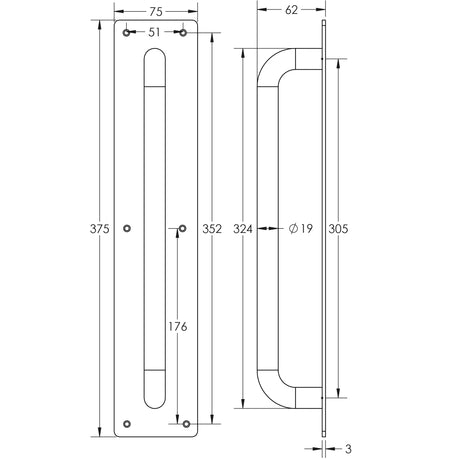 Technical drawing of of Frelan - Aluminium Pull Handles w/ Plate 375x75mm Satin Anodised Aluminium Sku. J1602