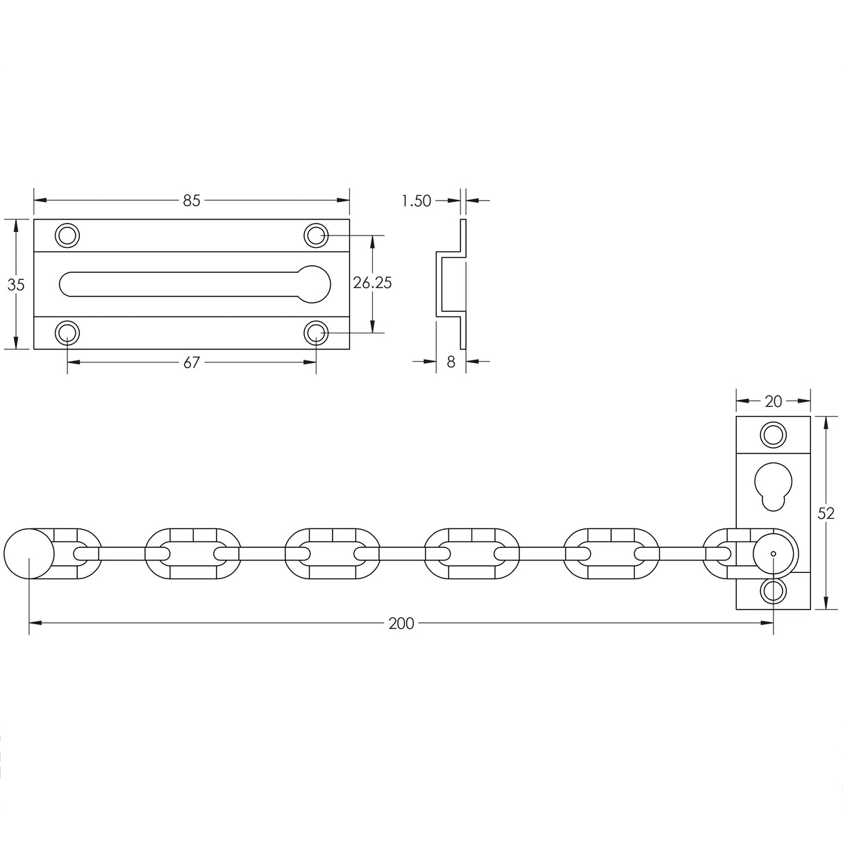 Technical drawing of of Frelan - Jedo Security Door Chains 200mm Polished Chrome Sku. J3001PC