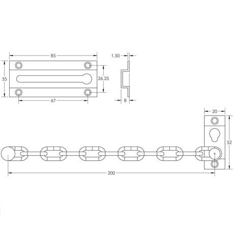 Technical drawing of of Frelan - Jedo Security Door Chains 200mm Polished Chrome Sku. J3001PC