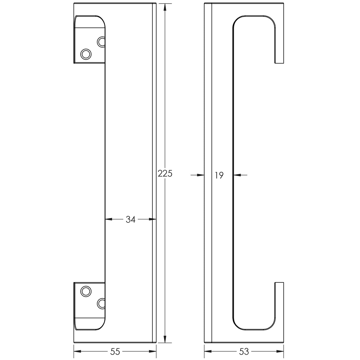 Technical drawing of of Frelan - Aluminium Cranked Pull Handles 225mm Satin Anodised Aluminium Sku. J3572A