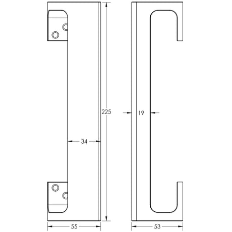 Technical drawing of of Frelan - Aluminium Cranked Pull Handles 225mm Satin Anodised Aluminium Sku. J3572A