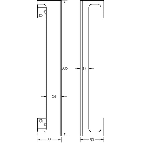 Technical drawing of of Frelan - Aluminium Cranked Pull Handles 305mm Satin Anodised Aluminium Sku. J3572B