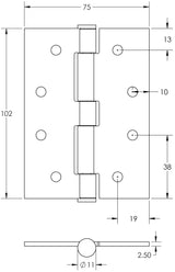 Technical drawing of of Frelan - Jedo Grade 7 Steel Heavy Duty Button Tip Hinges 102x76x2.5mm Electro Brassed Sku. J451BT-EB