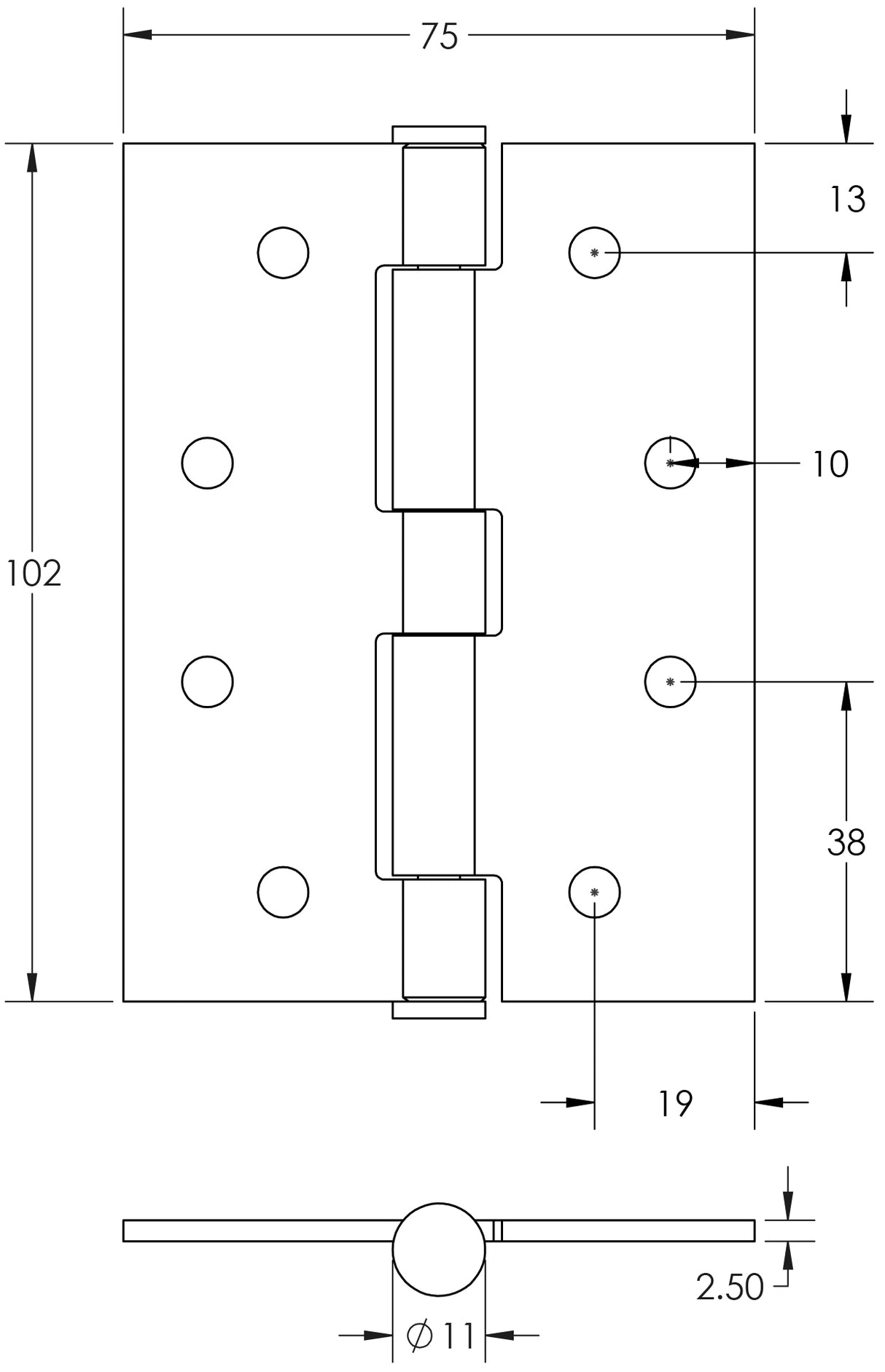 Technical drawing of of Frelan - Jedo Grade 7 Steel Heavy Duty Button Tip Hinges 102x76x2.5mm Satin Chrome Sku. J451BT-SC