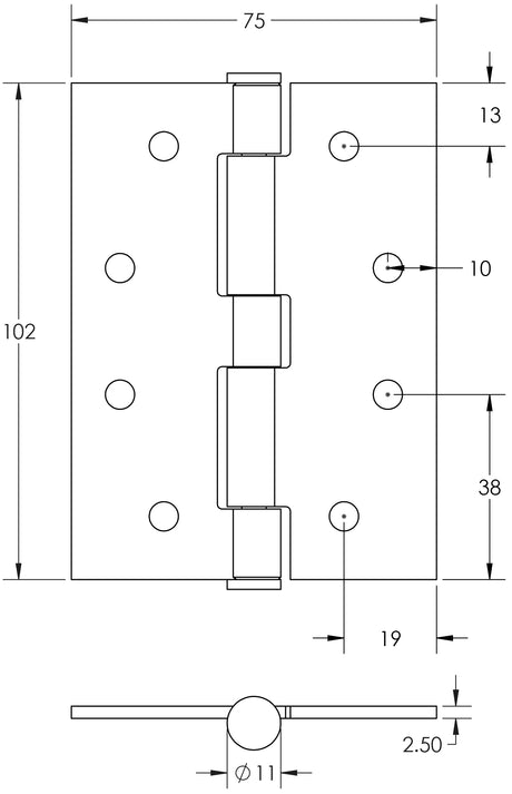 Technical drawing of of Frelan - Jedo Grade 7 Steel Heavy Duty Button Tip Hinges 102x76x2.5mm Polished Chrome Sku. J451BT-PC