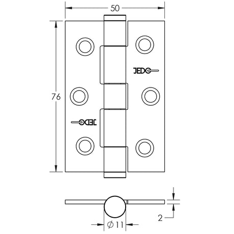 Technical drawing of of Frelan - Jedo Grade 7 Steel Heavy Duty Button Tip Hinges 76x50x2mm Satin Nickel Sku. J452BT-SN