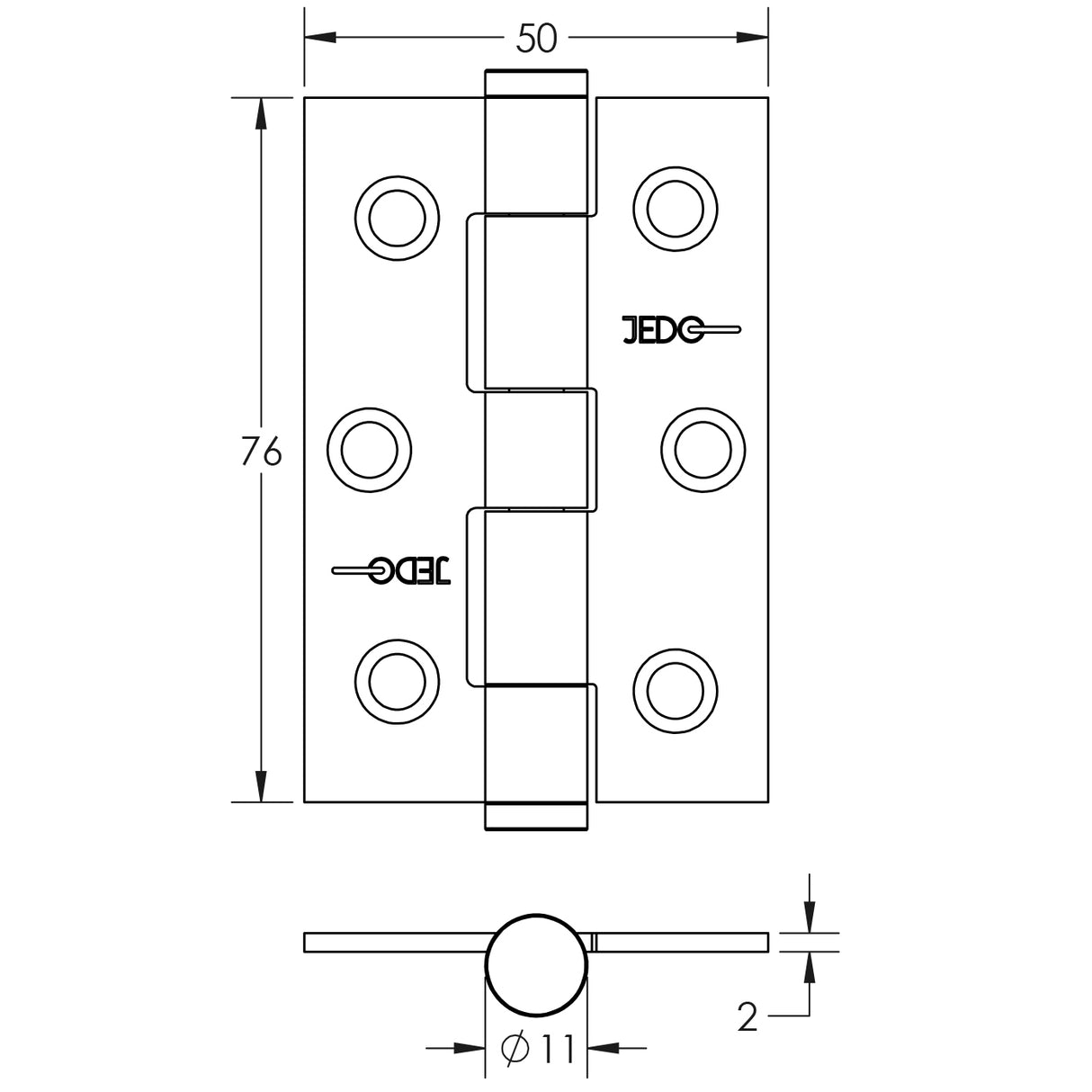 Technical drawing of of Frelan - Jedo Grade 7 Steel Heavy Duty Button Tip Hinges 76x50x2mm Polished Chrome Sku. J452BT-PC