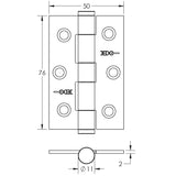 Technical drawing of of Frelan - Jedo Grade 7 Steel Heavy Duty Button Tip Hinges 76x50x2mm Satin Chrome Sku. J452BT-SC