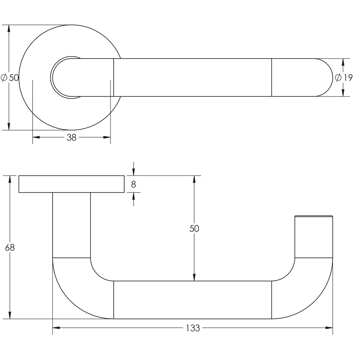 Technical drawing of of Frelan - 19mm Round Bar Handle on Rose Satin Anodised Aluminium Sku. J4645B