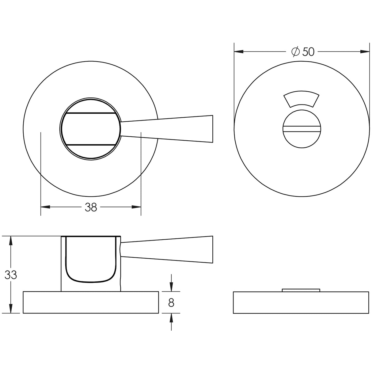 Technical drawing of of Frelan - Easy Turn & Release with Indicator 50mm Satin Anodised Aluminium Sku. J4649B