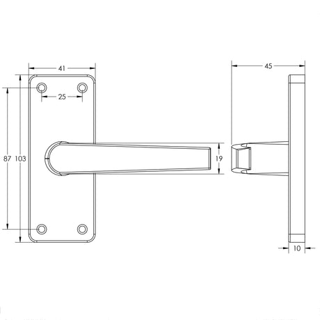 Technical drawing of of Frelan - Contract Door Handle on Short Latchplate Satin Anodised Aluminium Sku. J5600