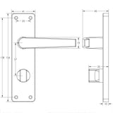 Technical drawing of of Frelan - Contract Door Handle on Bathroom Plate Satin Anodised Aluminium Sku. J5601B
