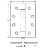 Technical drawing of of Frelan - Jedo Grade 11 Steel Ball Bearing Hinges 102x76mm Black Sku. J8500BL