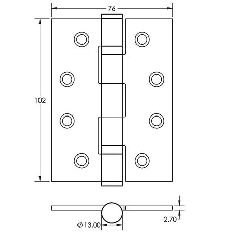 Technical drawing of of Frelan - Jedo Grade 11 Steel Ball Bearing Hinges 102x76mm Satin Chrome Sku. J8500SC