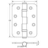 Technical drawing of of Frelan - Jedo Grade 11 Radiused Steel Ball Bearing Hinges 102x76mm Satin Nickel Sku. J8500RSN