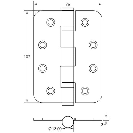Technical drawing of of Frelan - Jedo Grade 11 Radiused Steel Ball Bearing Hinges 102x76mm Satin Chrome Sku. J8500RSC