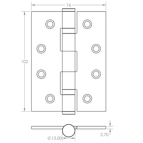 Technical drawing of of Frelan - Jedo Grade 11 Steel Ball Bearing Hinges 102x76mm Black Nickel Sku. J8500BN