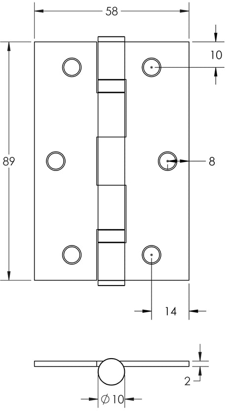 Technical drawing of of Frelan - Jedo Steel Ball Bearing Hinges 89x58mm 89x58x2mm Satin Chrome Sku. J8501SC