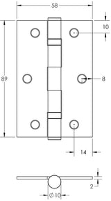 Technical drawing of of Frelan - Jedo Steel Ball Bearing Hinges 89x58mm 89x58x2mm Black Sku. J8501BL