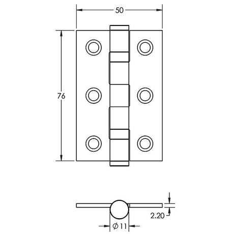 Technical drawing of of Frelan - Jedo Grade 7 Steel Ball Bearing Hinges 76x50mm Satin Chrome Sku. J8502SC