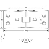 Technical drawing of of Frelan - Jedo Counter Flap Hinge 99x40x1mm Satin Chrome Sku. J9020SC