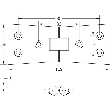Technical drawing of of Frelan - Jedo Counter Flap Hinge 99x40x1mm Satin Chrome Sku. J9020SC