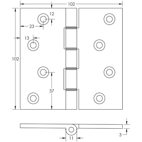 Technical drawing of of Frelan - Projection Hinges 102x102x3mm Satin Chrome Sku. J9026SC
