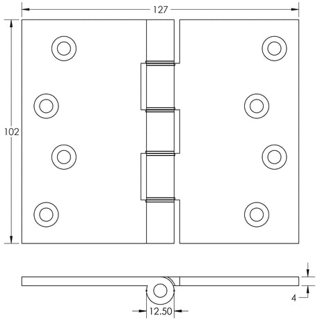 Technical drawing of of Frelan - Projection Hinges 102x125x3.5mm Polished Chrome Sku. J9035PC
