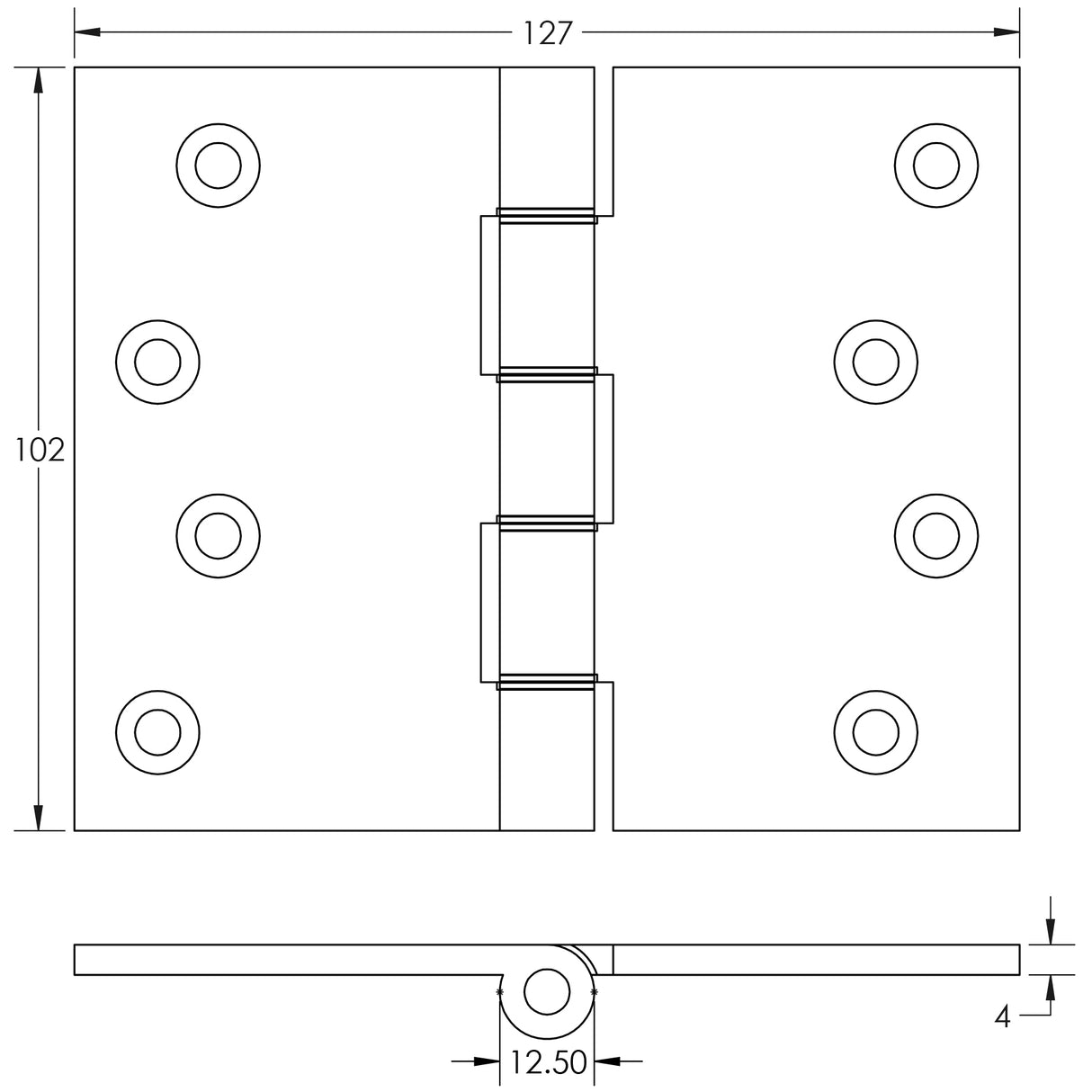 Technical drawing of of Frelan - Projection Hinges 102x125x3.5mm Polished Brass Sku. J9035PB