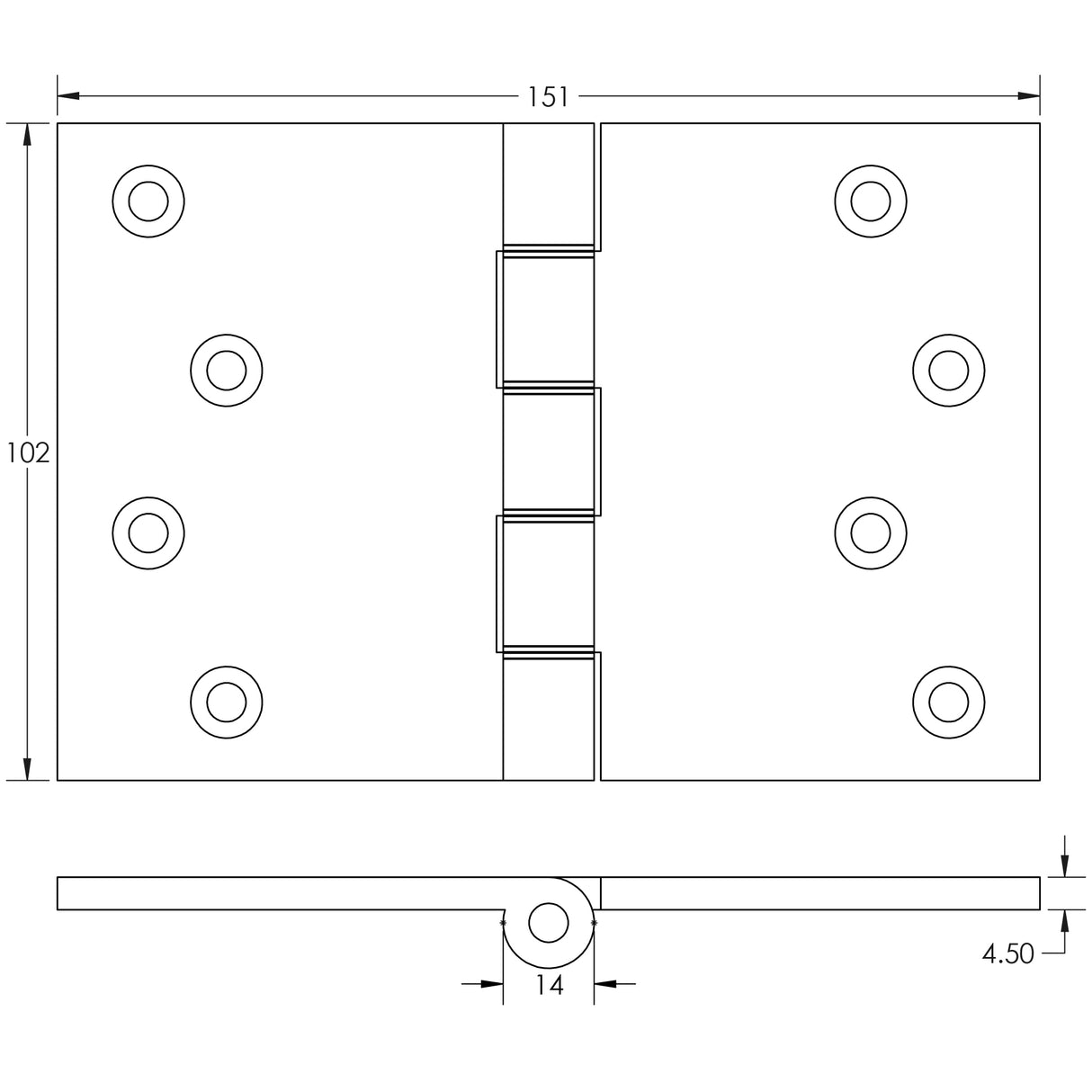 Technical drawing of of Frelan - Projection Hinges 102x151x3.5mm Polished Brass Sku. J9036PB