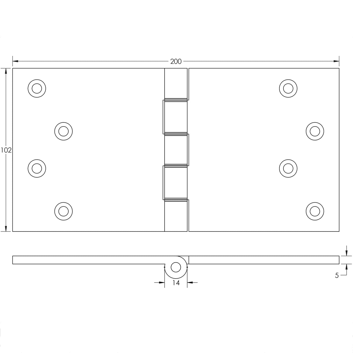 Technical drawing of of Frelan - Projection Hinges 102x200x4.5mm Polished Chrome Sku. J9037PC