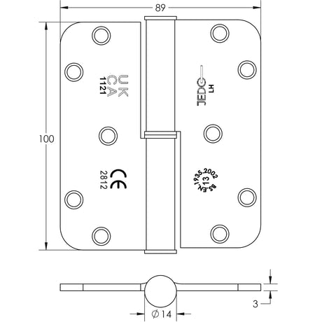 Technical drawing of of Frelan - Left Hand Lift Off hinge Grade 13 Satin Nickel Sku. J9200SNLH