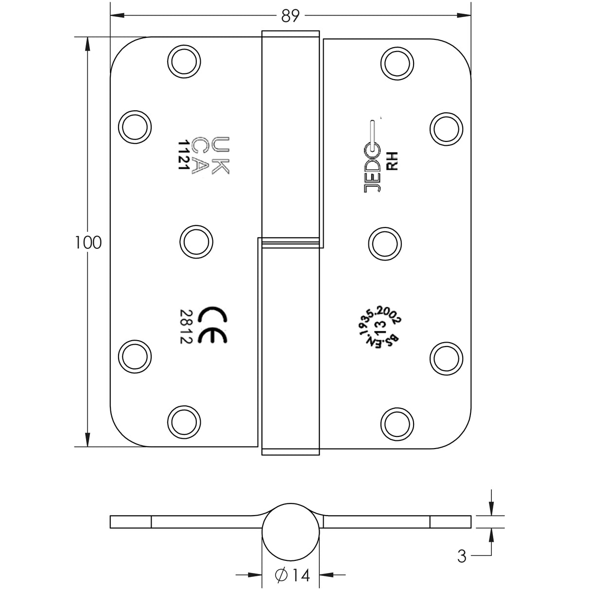 Technical drawing of of Frelan - Right Hand Hand Lift Off hinge Grade 13 Satin Nickel Sku. J9200SNRH