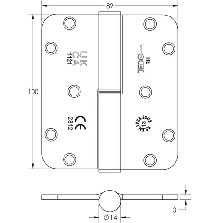 Technical drawing of of Frelan - Right Hand Hand Lift Off hinge Grade 13 Satin Nickel Sku. J9200SNRH