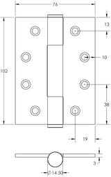 Technical drawing of of Frelan - Certifire Stainless Steel Grade 14 Concealed Bearing Hinge 102x76x3mm Satin Stainless Steel Sku. J9400SSS