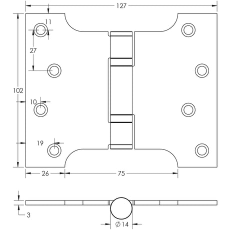 Technical drawing of of Frelan - Stainless Steel Ball Bearing Parliament Hinges 102x127x3mm Satin Stainless Steel Sku. J9459SSS