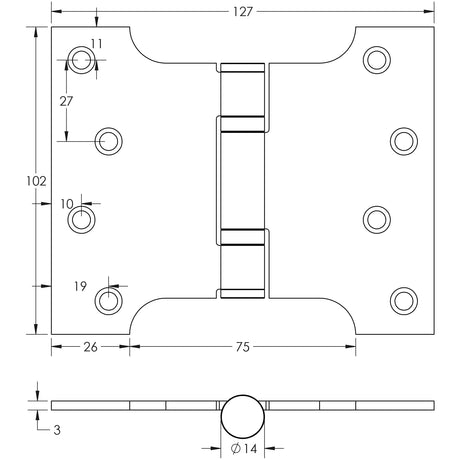 Technical drawing of of Frelan - 102x127x3mm Matt Black Parliament Ball Bearing Hinge Sku. J9459MB