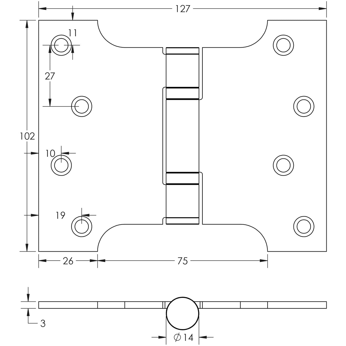 Technical drawing of of Frelan - 102x127x3mm Satin Brass Parliament Ball Bearing Hinge Sku. J9459SB