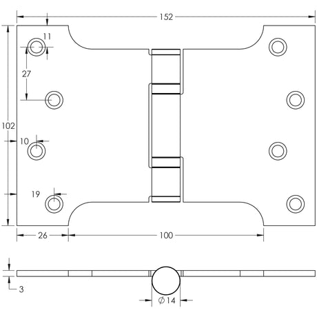 Technical drawing of of Frelan - 102x152x3mm Antique Brass Parliament Ball Bearing Hinge Sku. J9469AB