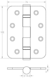 Technical drawing of of Frelan - Certifire Stainless Steel Grade 13 Radiused Ball Bearing Hinges 102x76x3mm Satin Stainless Steel Sku. J9500RSSS