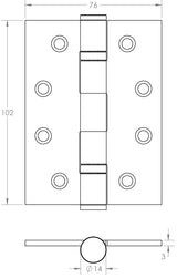Technical drawing of of Frelan - Certifire Stainless Steel Grade 13 Ball Bearing Hinges 102x76x3mm Satin Brass Sku. J9500SB