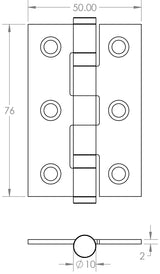 Technical drawing of of Frelan - Jedo Stainless Steel Grade 7 Ball Bearing Hinges 76x50mm Electro Brassed Sku. J9502EB