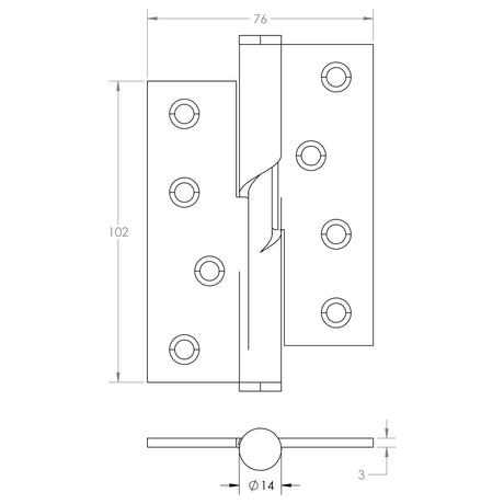 Technical drawing of of Frelan - Stainless Steel Rising Butt Hinges 102x76x3mm Polished Stainless Steel Sku. J9510LHPSS