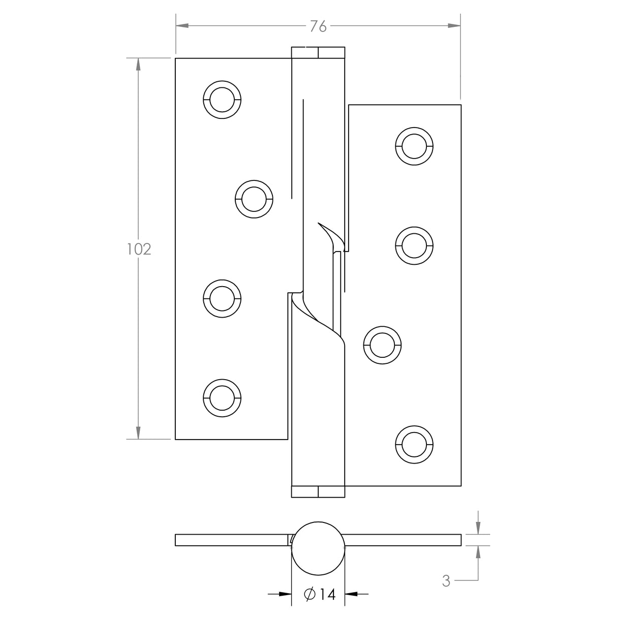 Technical drawing of of Frelan - Stainless Steel Rising Butt Hinges 102x76x3mm Polished Stainless Steel Sku. J9510RHPSS