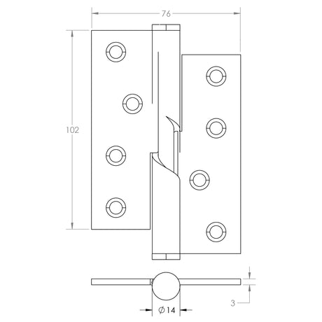 Technical drawing of of Frelan - Stainless Steel Rising Butt Hinges 102x76x3mm Polished Stainless Steel Sku. J9510RHPSS