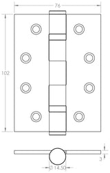 Technical drawing of of Frelan - Certifire Stainless Steel Grade 13 Ball Bearing Hinges (PCK 3) 102x76x3mm Satin Stainless Steel Sku. J9533SSS