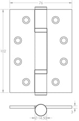 Technical drawing of of Frelan - Certifire Stainless Steel Grade 13 Polymer Bearing Hinge 3 Knuckle Dark Bronze Sku. J9603DB