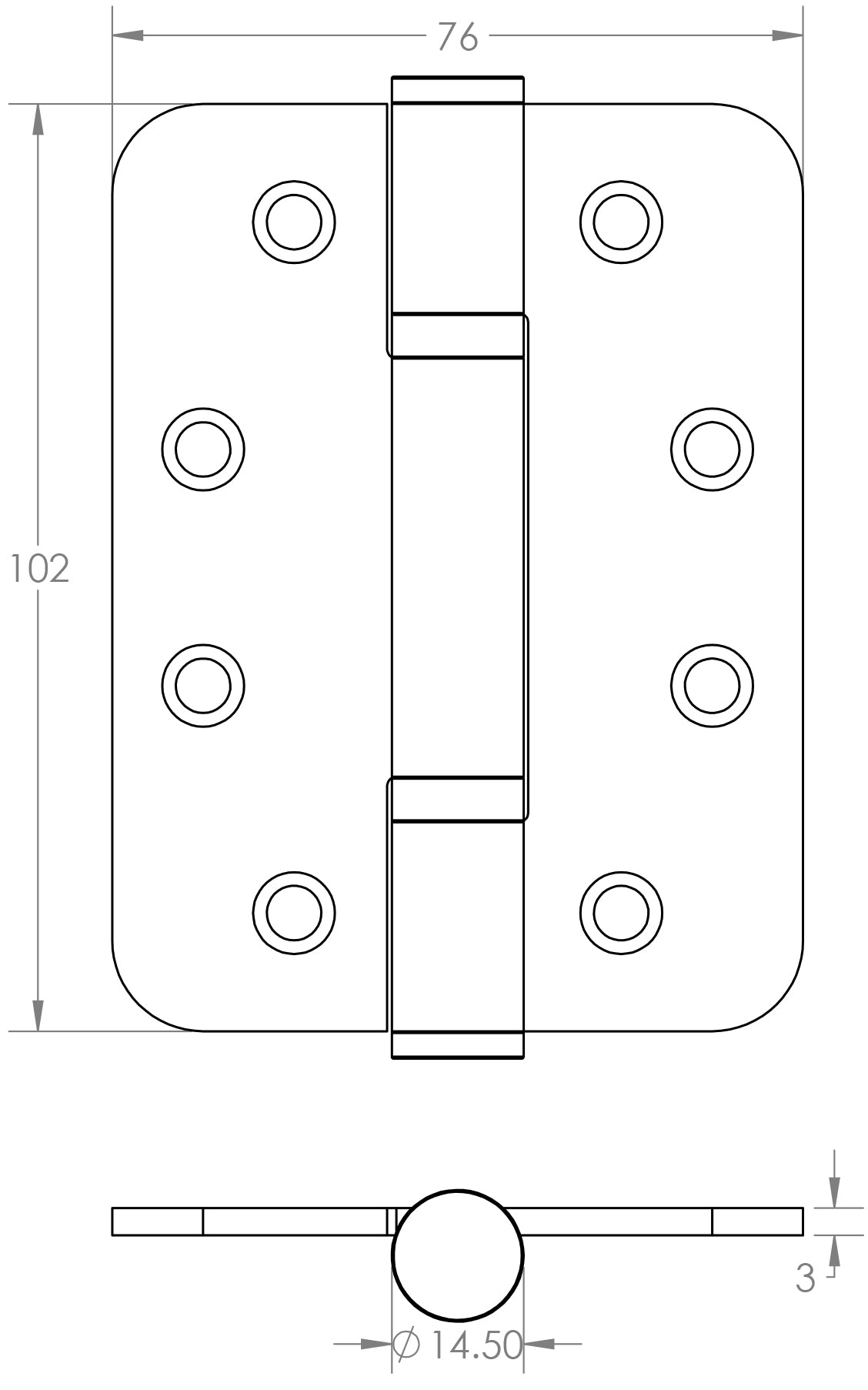 Technical drawing of of Frelan - Certifire Stainless Steel Grade 13 Radiused Polymer Bearing Hinges 3 Knuckle (PCK 3) 102x76x3mm Sati Sku. J9633SB