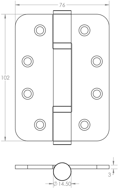 Technical drawing of of Frelan - Certifire Stainless Steel Grade 13 Radiused Polymer Bearing Hinges 3 Knuckle (PCK 3) 102x76x3mm Sati Sku. J9633SB