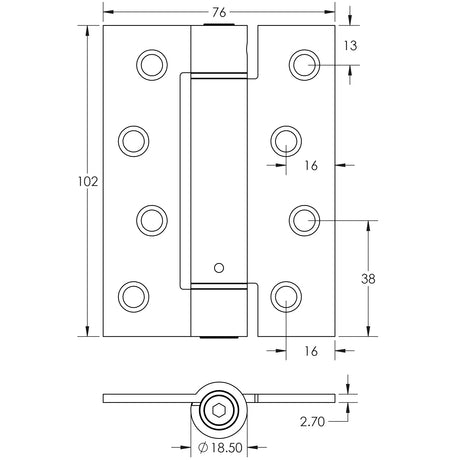 Technical drawing of of Frelan - Jedo Steel Single Action Spring Hinges 102x76mm 102x76x2.7mm (PK of 3) Satin Chrome Sku. J9800SC